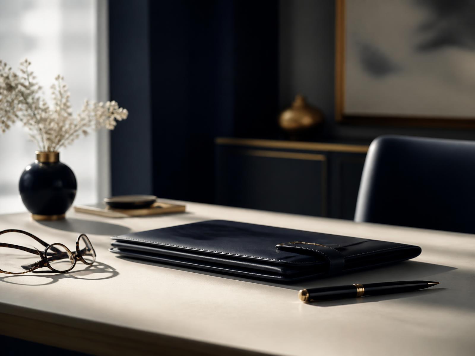 Quiet executive desk with a leather folio and fountain pen